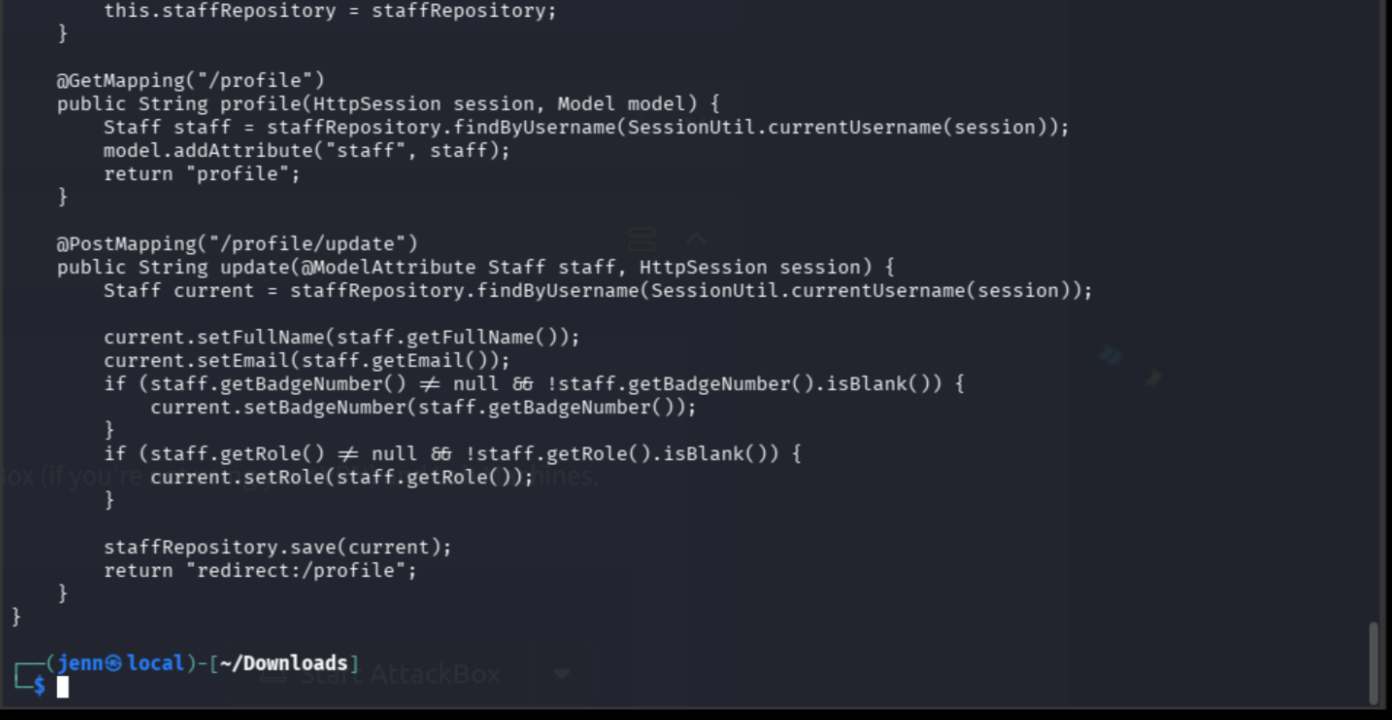 ProfileController.java showing @ModelAttribute Staff accepting user-supplied role field without authorization check